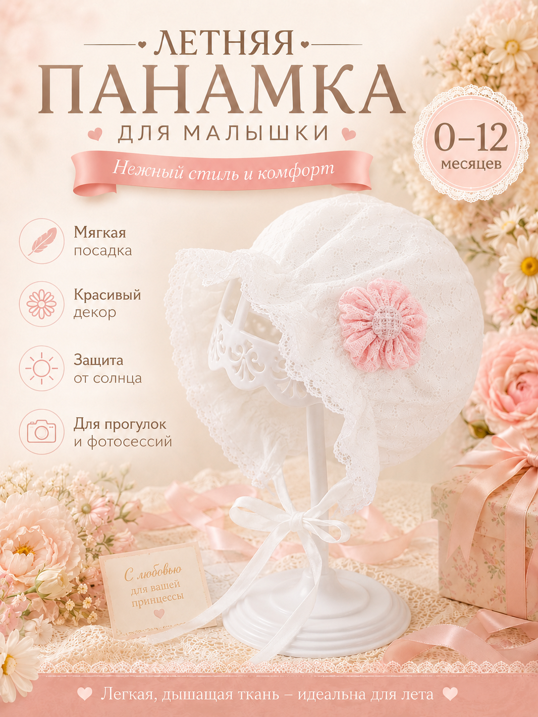 Детский чепчик для девочек 0–3 лет, кружевной капор с завязками baby bonnet