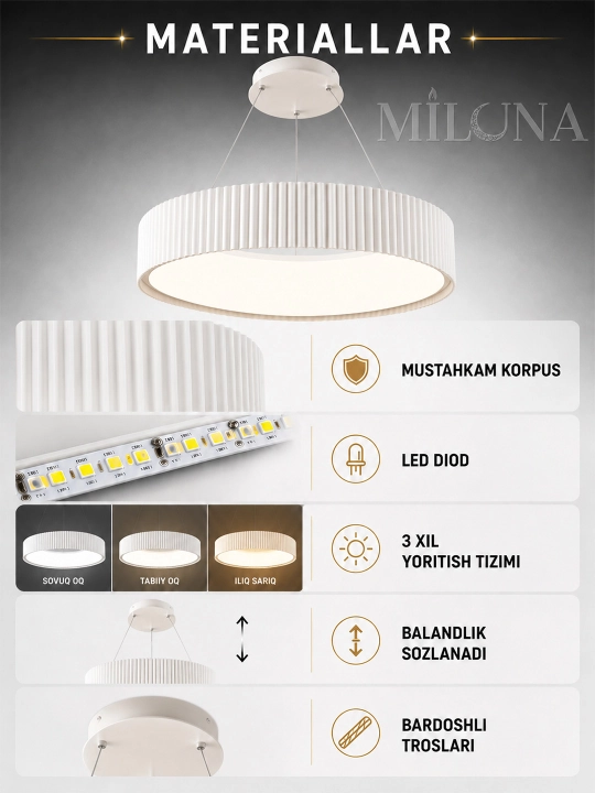 Lyustra LED, balandligi sozlanadigan, 3 ta yoritish rejimli, yotoqxona, zal uchun qandil