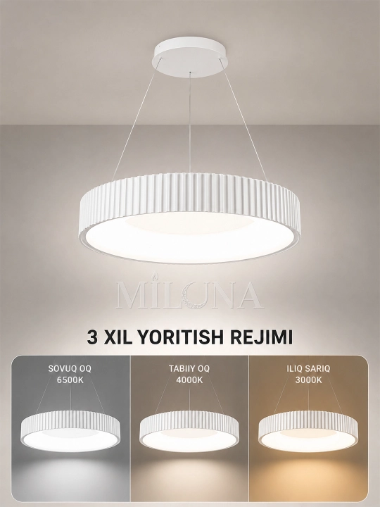 Lyustra LED, balandligi sozlanadigan, 3 ta yoritish rejimli, yotoqxona, zal uchun qandil