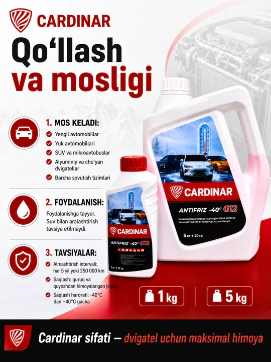 Антифриз Cardinar G12+ защита двигателя и радиатора