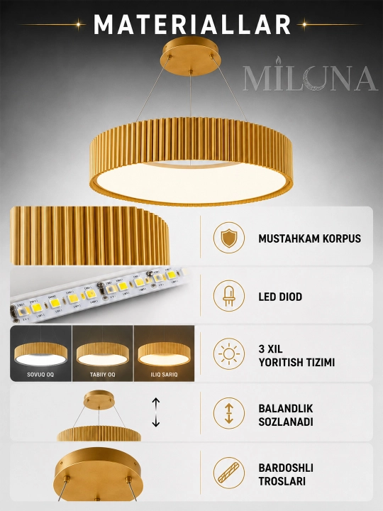 Lyustra LED, balandligi sozlanadigan, 3 ta yoritish rejimli, yotoqxona, zal uchun qandil