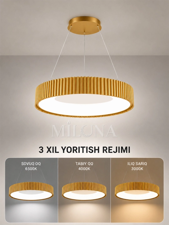 Lyustra LED, balandligi sozlanadigan, 3 ta yoritish rejimli, yotoqxona, zal uchun qandil