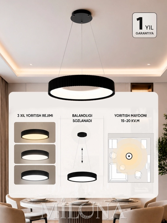 Lyustra LED, balandligi sozlanadigan, 3 ta yoritish rejimli, yotoqxona, zal uchun qandil