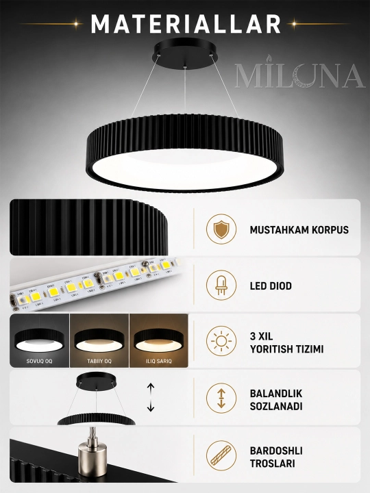 Lyustra LED, balandligi sozlanadigan, 3 ta yoritish rejimli, yotoqxona, zal uchun qandil