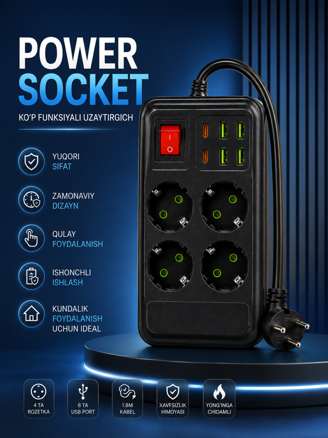 Universal Rozetka Uzaytirgich USB Type-C Himoyali Elektr Taqsimlagich Premium Sifat - 