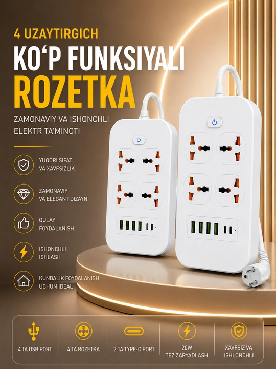Universal Rozetka Uzaytirgich USB Type-C Himoyali Elektr Taqsimlagich Premium Sifat - 