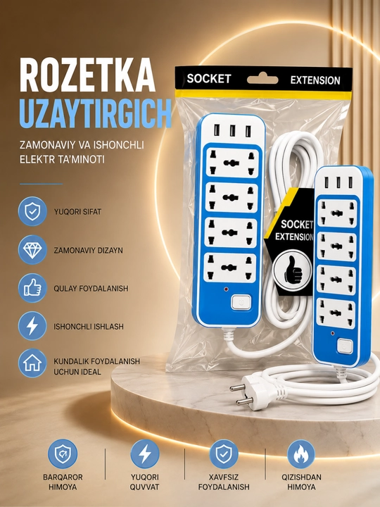 Universal Rozetka Uzaytirgich USB Type-C Himoyali Elektr Taqsimlagich Premium Sifat - 