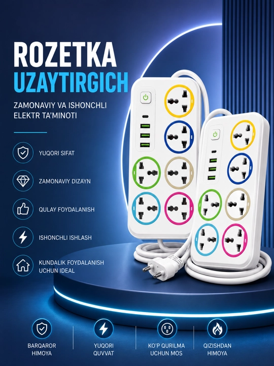 Universal Rozetka Uzaytirgich USB Type-C Himoyali Elektr Taqsimlagich Premium Sifat - 