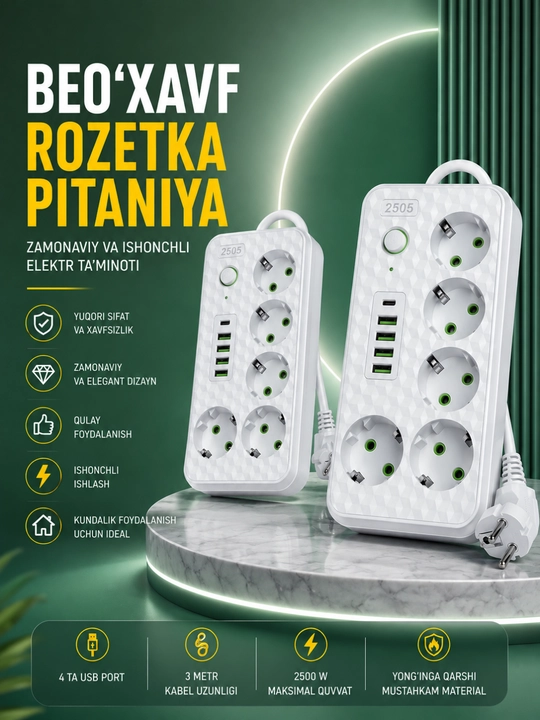 Universal Rozetka Uzaytirgich USB Type-C Himoyali Elektr Taqsimlagich Premium Sifat - 