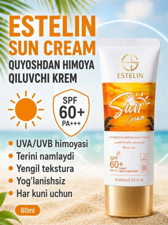 Estelin SPF 60 PA+++ Sun Cream – yuz uchun namlantiruvchi quyoshdan himoyalovchi krem, 60 g