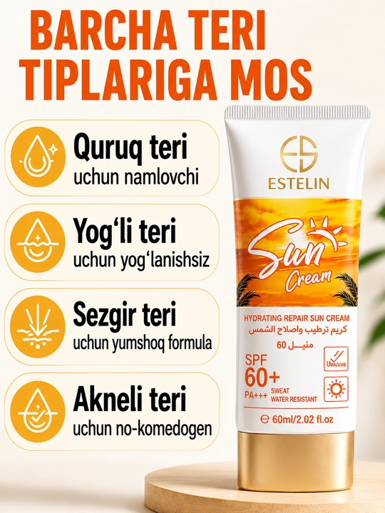 Estelin SPF 60 PA+++ Sun Cream – yuz uchun namlantiruvchi quyoshdan himoyalovchi krem, 60 g