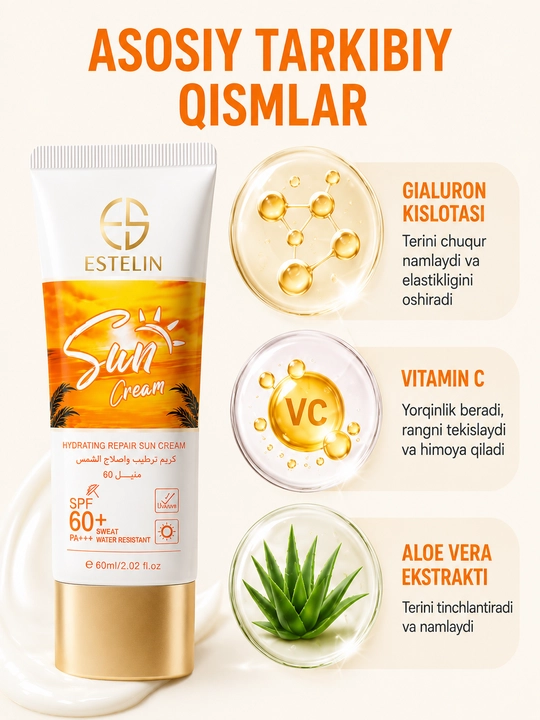 Estelin SPF 60 PA+++ Sun Cream – yuz uchun namlantiruvchi quyoshdan himoyalovchi krem, 60 g