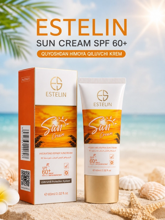 Estelin SPF 60 PA+++ Sun Cream – yuz uchun namlantiruvchi quyoshdan himoyalovchi krem, 60 g - 