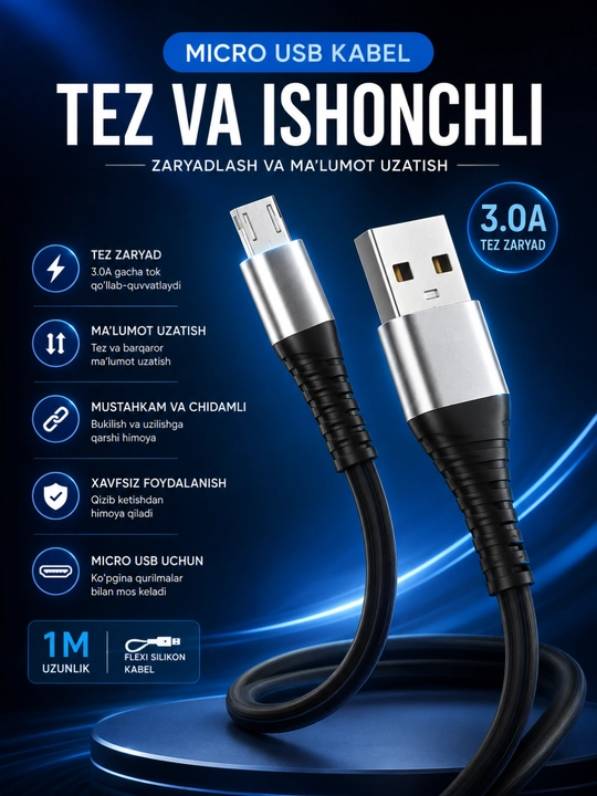 Силиконовый кабель на выбор, Type-C / Micro-USB, длина 1 м, быстрая зарядка 6А - 