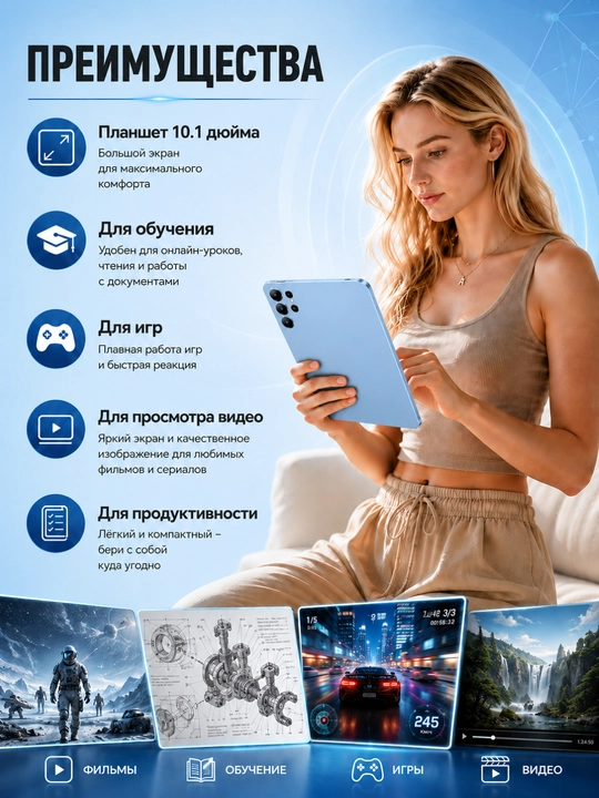Планшет 10,1″ для работы и учёбы, 5G, 2 SIM, с клавиатурой и мышью