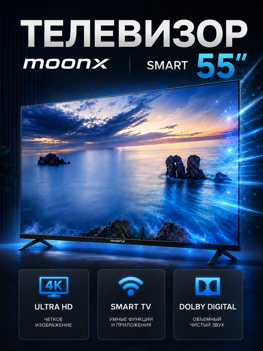 Телевизор MoonX Smart 55" 4K UltraHD, 43" Full HD, Google TV, Wi-Fi, голосовое управление - 