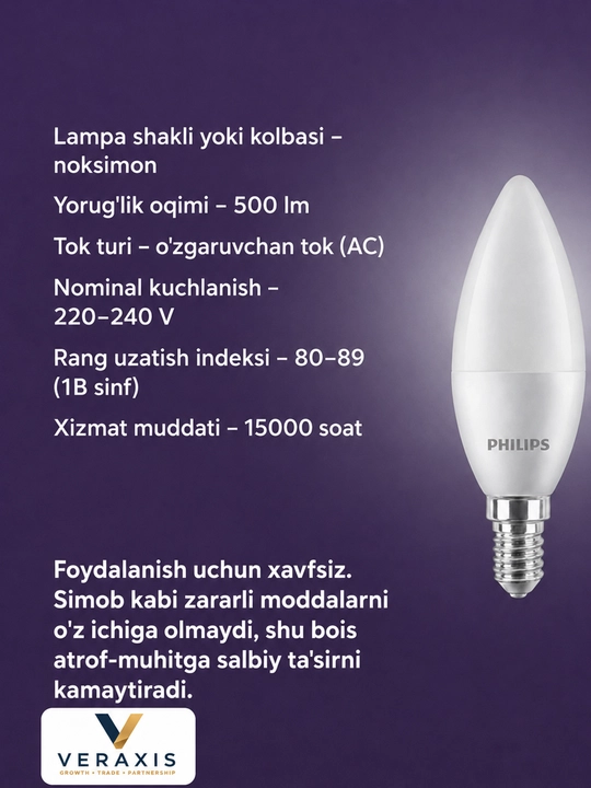 E14 5.5Vt LED chiroq, B35 sham, 60Vt analog, 4000K/6500K, A+ lampochkasi