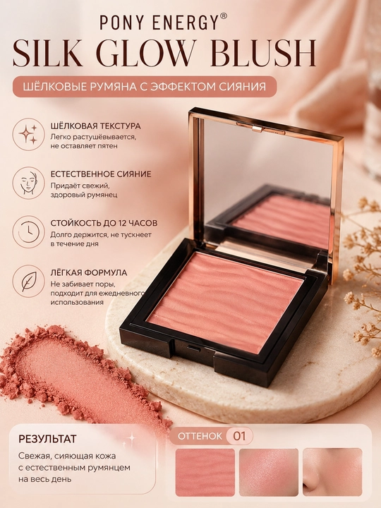 PONY ENERGY Silk Glow Blush 01 — Yuz uchun ipakdek yaltiruvchi rumyana - 