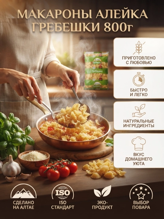 Makaron mahsulotlari "Aleyka", Grebeshok, oliy nav, saralangan Oltoy bug'doyidan, 800 gr