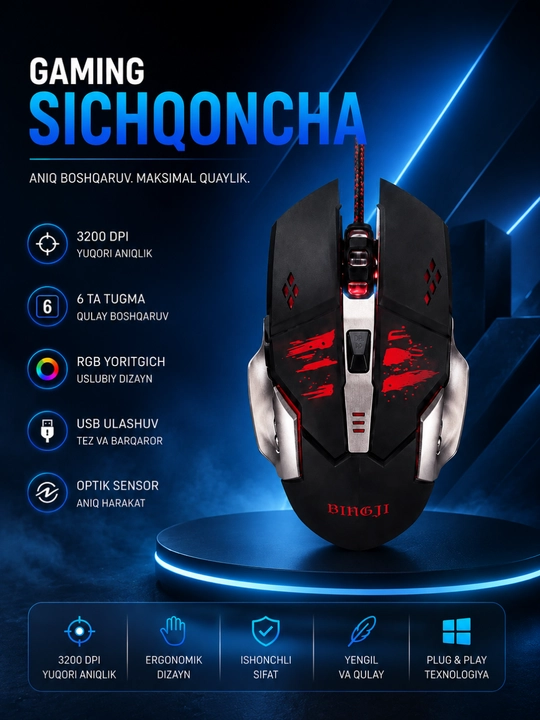 Simli USB Sichqoncha Gaming va Ofis uchun 1200–4800 DPI Yuqori Aniqlik Premium Sifat - 
