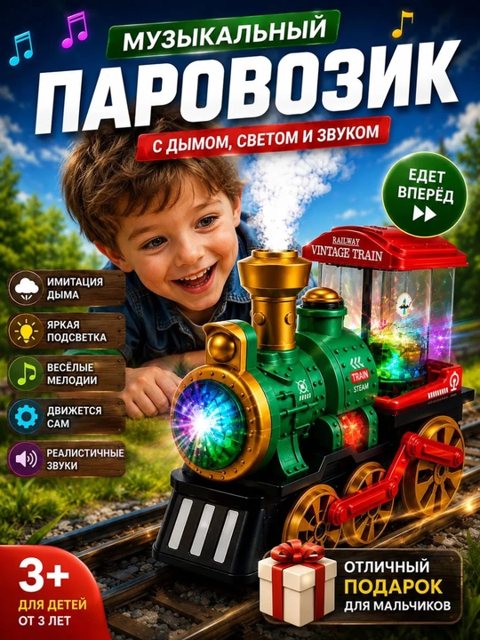 Bug‘ va chiroqli parovoz, bolalar uchun - ovozli realistik poyezd, 3 yoshdan kattalar uchun - 