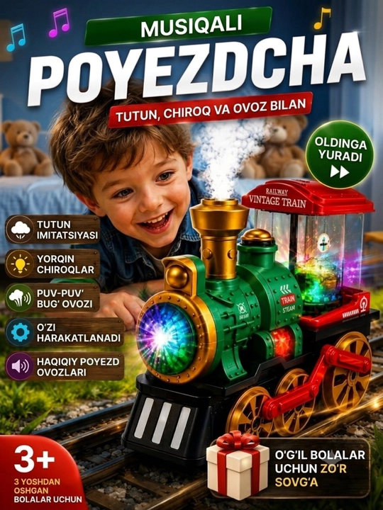 Bug‘ va chiroqli parovoz, bolalar uchun - ovozli realistik poyezd, 3 yoshdan kattalar uchun