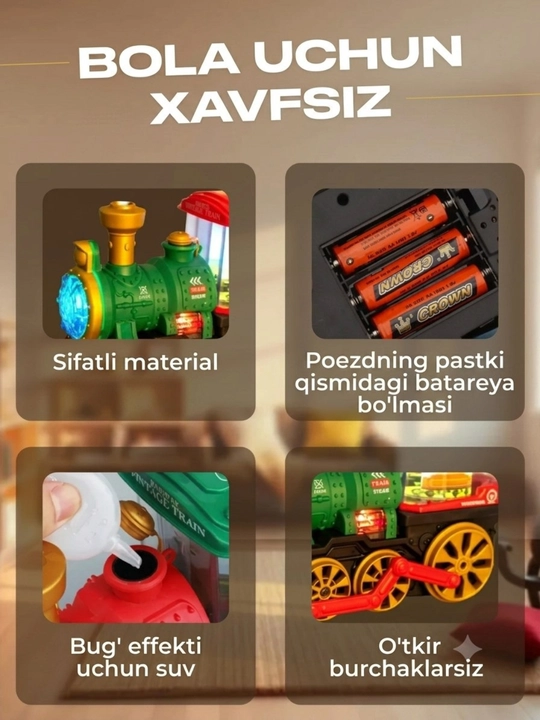 Bug‘ va chiroqli parovoz, bolalar uchun - ovozli realistik poyezd, 3 yoshdan kattalar uchun