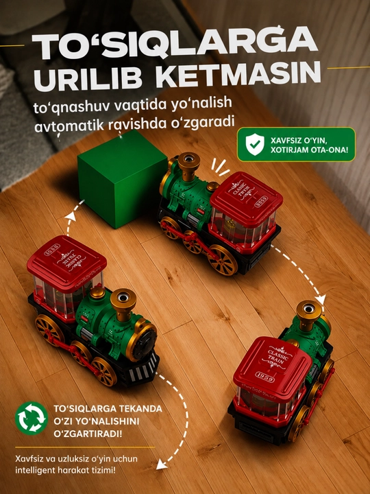 Bug‘ va chiroqli parovoz, bolalar uchun - ovozli realistik poyezd, 3 yoshdan kattalar uchun