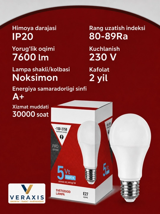 LED Classic A50-M 5Vt E27 4000K svetodiodli chiroq, neytral oq yorug‘lik, A+ lampochkasi