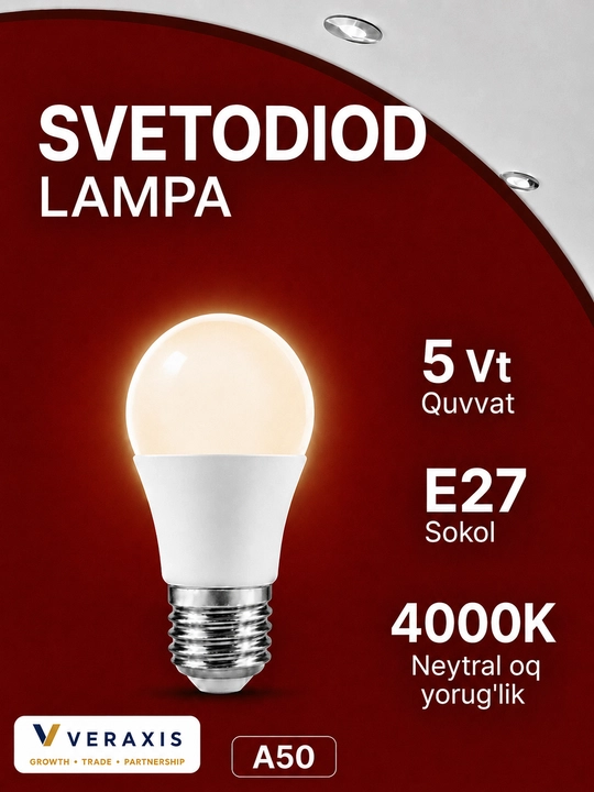 LED Classic A50-M 5Vt E27 4000K svetodiodli chiroq, neytral oq yorug‘lik, A+ lampochkasi - 
