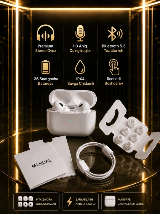 Pro 2 Bluetooth 5.3 simsiz quloqchin, HD ovoz, sensorli boshqaruv, IPX4