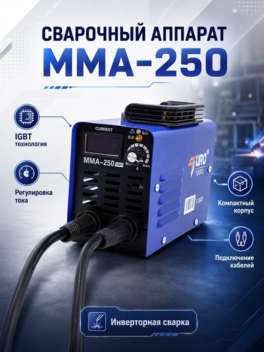 Сварочный аппарат MMA-250, инверторная сварка, компактный корпус, регулировка тока - 