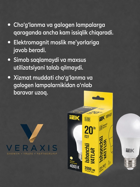 A60 E27 svetodiodli lampa, 9-20Vt, 230V 4000K, A+ lampochkasi, neytral oq yorug‘lik