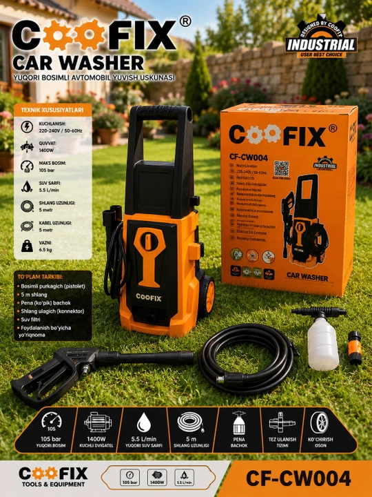 Мойка высокого давления COOFIX CF-CW004, 1400 Вт, 105 бар, многофункциональная - 