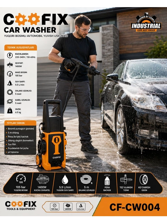 Мойка высокого давления COOFIX CF-CW004, 1400 Вт, 105 бар, многофункциональная