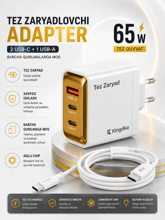 Сетевое зарядное устройство 65W GaN USB-C + USB-A - 