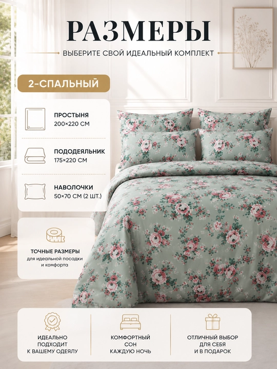Комплект постельного белья оливковый с розами 2 спальный 100% бязь