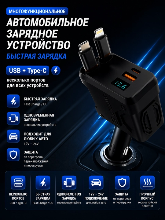 Многофункциональное автомобильное зарядное устройство для быстрой зарядки - 