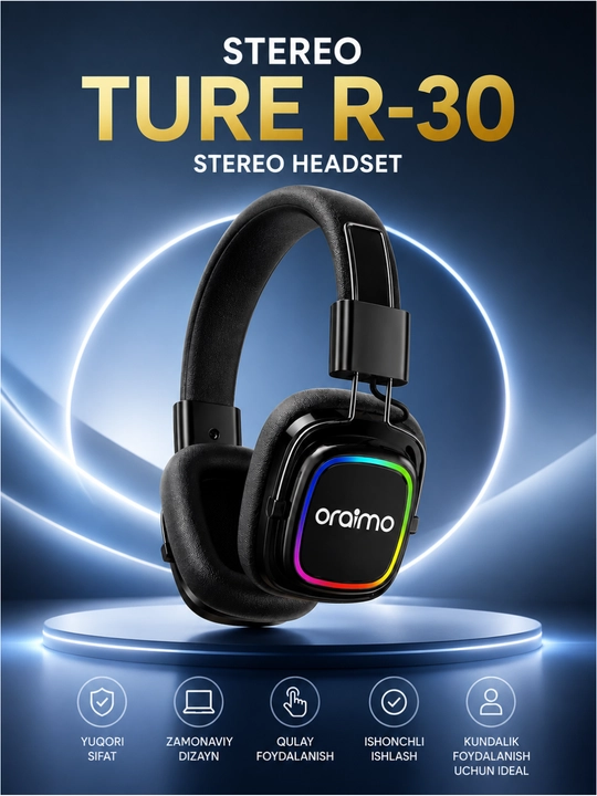 Oraimo TURE R-30 Simsiz Bluetooth Naushnik, RGB, Mikrofon, Stereo Ovoz, 48 Soat - 