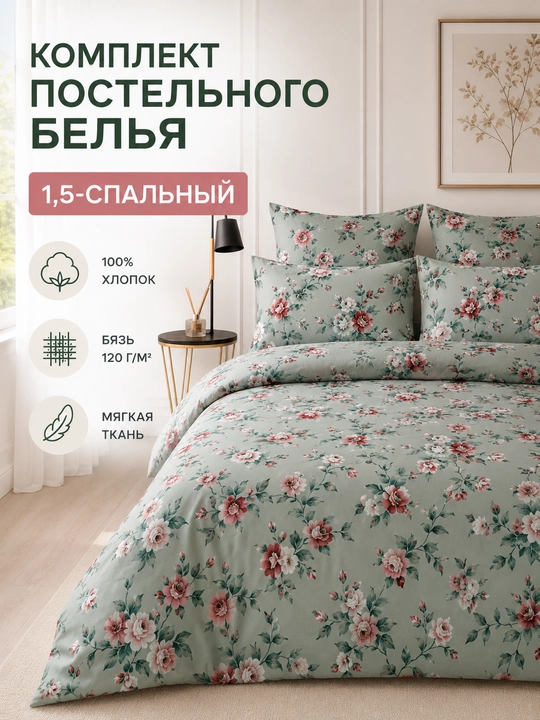 Комплект постельного белья  оливковый с розами 1.5 спальный 100%бязь - 