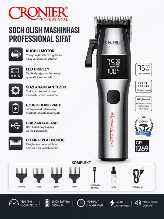 CRONIER Professional LED displeyli simsiz soch kesish mashinasi