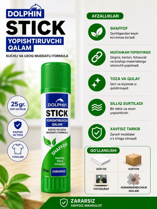 Yelim - 8, 15, 25, 36 g, qog‘oz va boshqa mahsulotlar uchun yelim - 