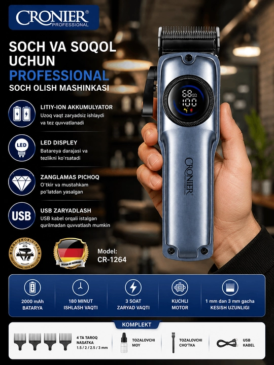CRONIER CR-1264 Professional LED USB 2000 mA·soat soch olish mashinasi - 