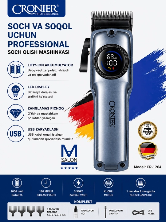CRONIER CR-1264 Professional LED USB 2000 mA·soat soch olish mashinasi