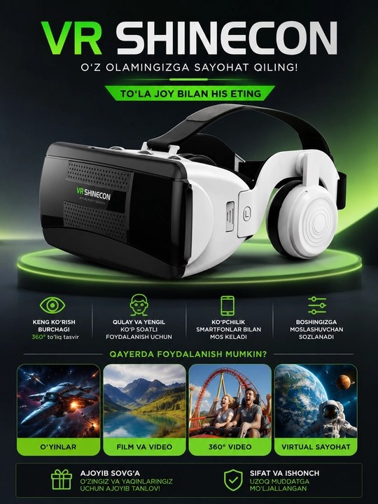 VR Box Shinecon SC-G12, G06EB, virtual ko'zoynaklari smartfonlar uchun 3D