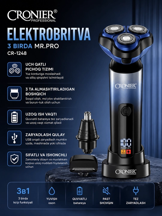 CRONIER CR-1248 3-in-1 Professional Elektr Ustara Soqol va Burun Tuklari uchun - 