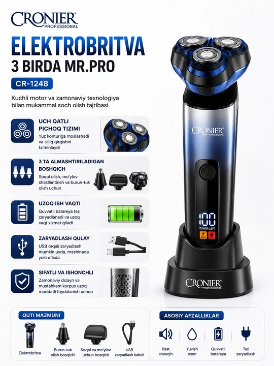 CRONIER CR-1248 3-in-1 Professional Elektr Ustara Soqol va Burun Tuklari uchun