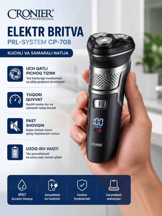CRONIER CR-1248 Elektr Britva 3 ta Almashtiriladigan Boshcha USB Zaryadlash