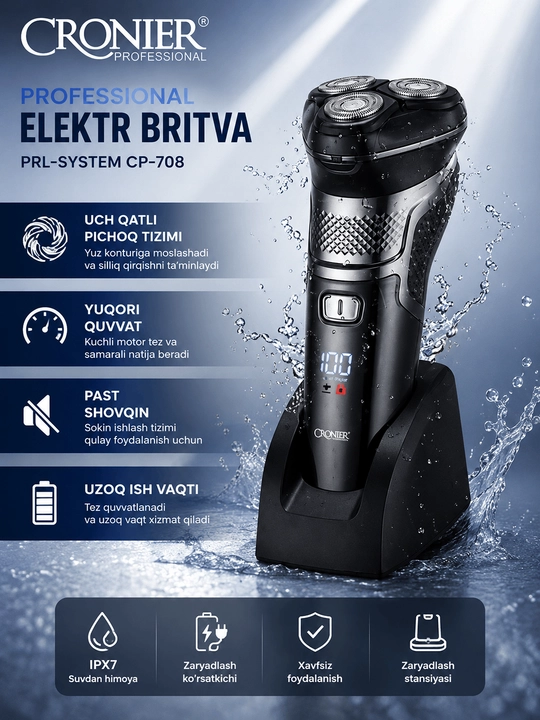 CRONIER CR-1248 Elektr Britva 3 ta Almashtiriladigan Boshcha USB Zaryadlash - 