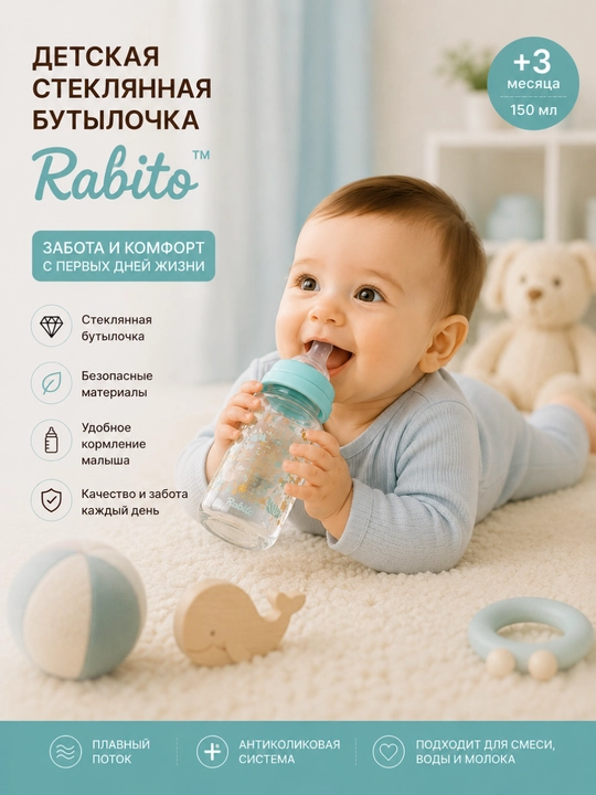 Rabito bolalar uchun shisha butilka 150 ml, silikon so‘rg‘ichli, antikolik, 3+ oy